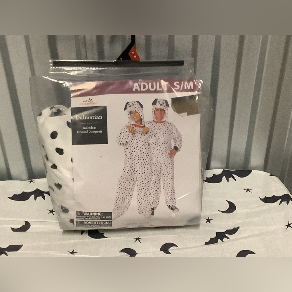 Dalmatian Adult Hooded Jumpsuit Costume - White with Black Spots size S/M
